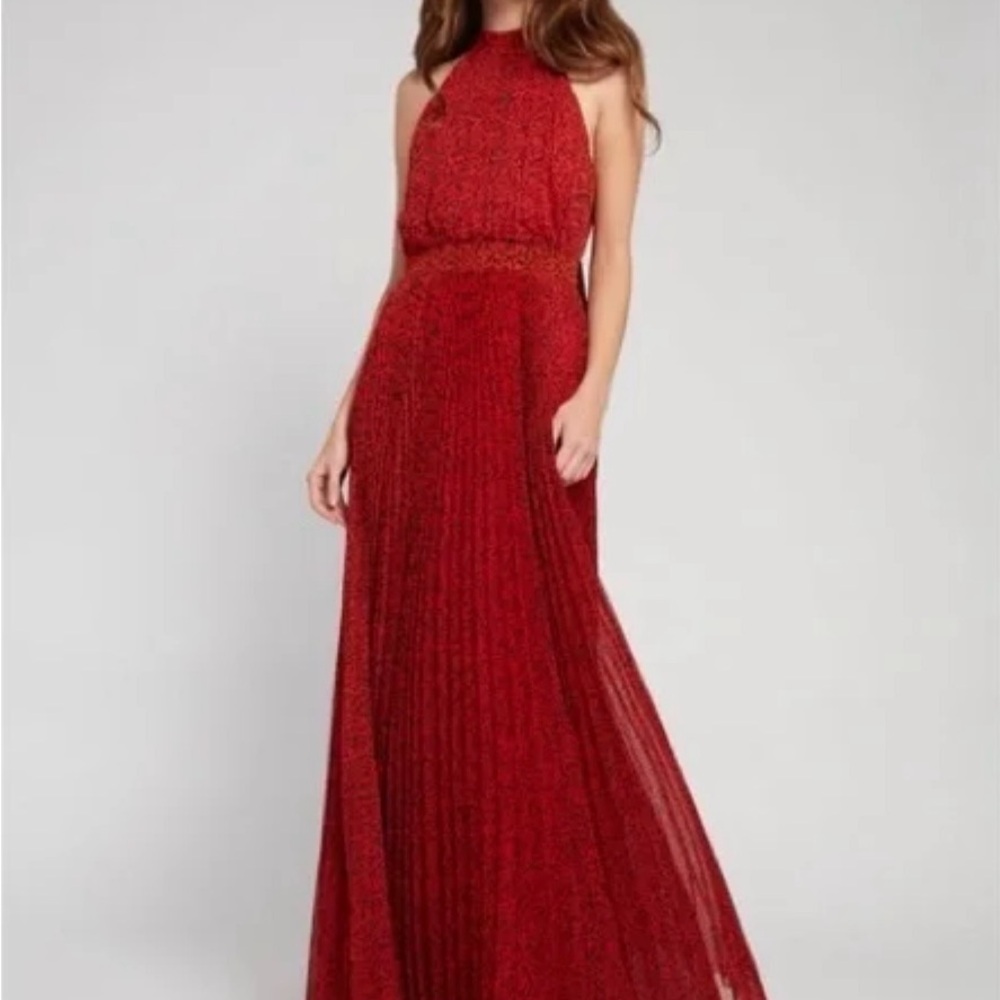 ALICE + OLIVIA Kelissa Sunburst Pleated Maxi Halter Dress / Gown